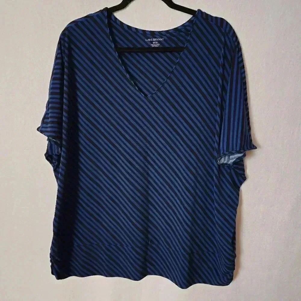 Lane Bryant Blue Black‎ Striped V-Neck Dolman Sleeve Ruched Blouse Top 18/20